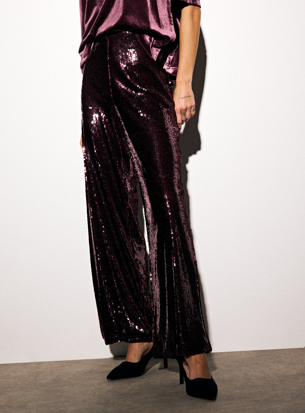 Burgundy Sequin Embellished Wide Tailored Trousers  12L - Image 1 thumbnail